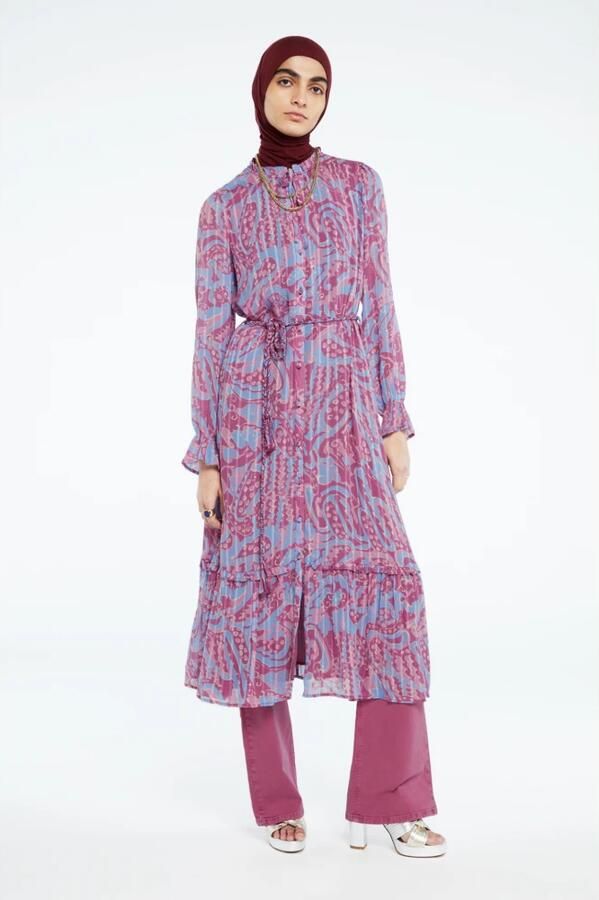 Fabienne Chapot maxi jurk Marilene met all over print en ruches paars blauw - Foto 4