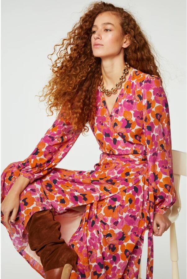 Fabienne Chapot gebloemde wikkeljurk Nia roze oranje ecru - Foto 2