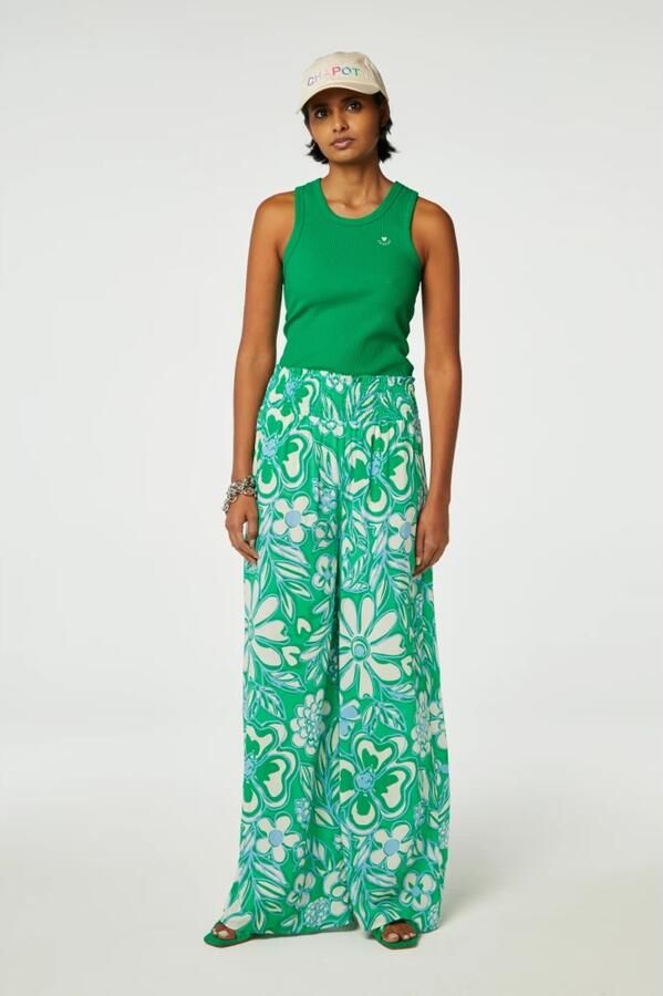 Fabienne Chapot wide leg broek met all over print groen crème - Foto 3