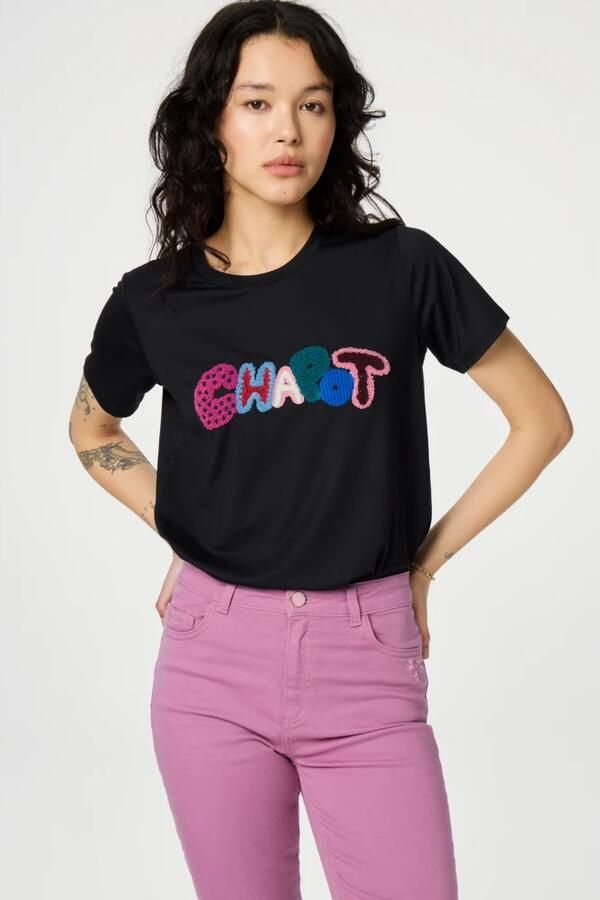 Fabienne Chapot Zwart T-shirt met Ronde Hals en Borduursel Black Dames - Foto 3