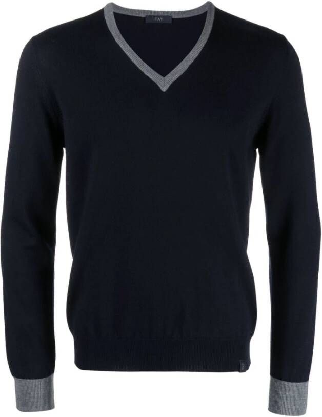 Fay Navy Blauwe Wollen Trui met V-Hals Blauw Heren