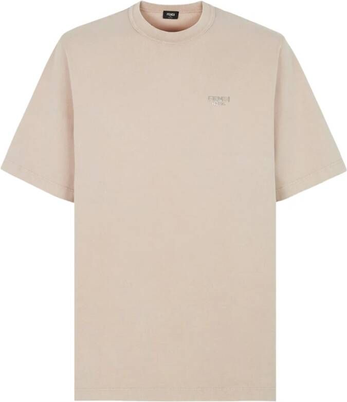 Fendi Katoenen T-Shirt met Logo Patch Beige Heren