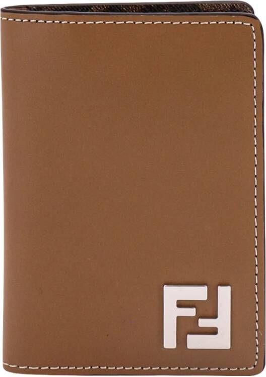 Fendi Leren kaarthouder met metalen monogram Beige Heren