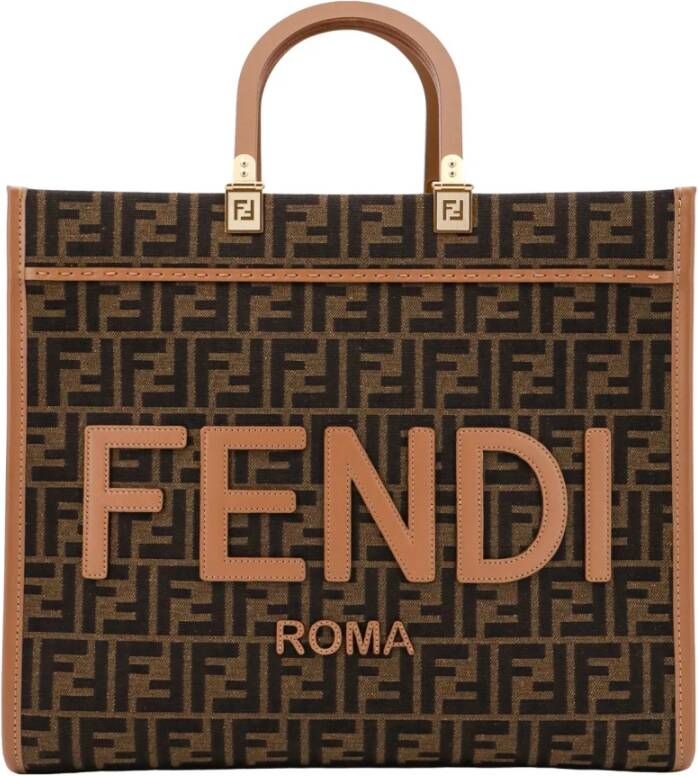 Fendi Sunshine FF Stoffen en Leren Handtas Brown Dames