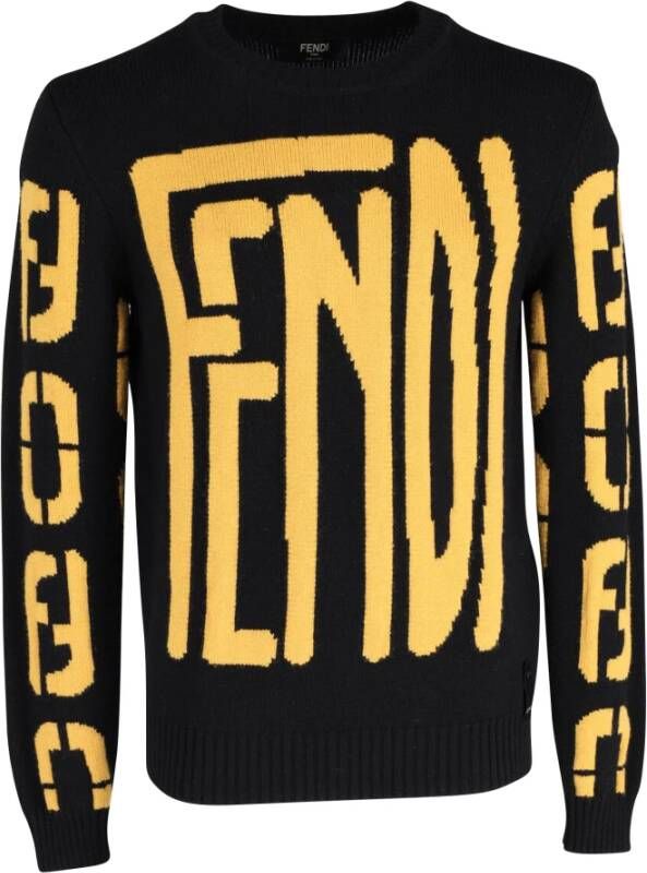 Fendi Vintage Fendi Maxi Logo Motif Sweater in Black Virgin Wool Zwart Heren