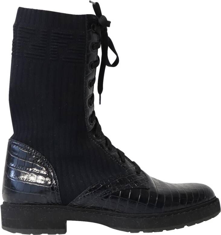 Fendi Vintage Fendi Multi-Panel Lace Up Ankle Boots in Black Calfskin Leather Zwart Dames