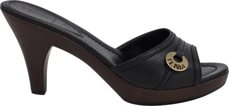 Fendi Vintage Fendi Open Toe Heel Slide Sandals in Black Leather Zwart Dames