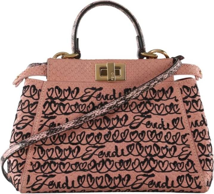 Fendi Vintage Fendi Pink Python Leather Embroidered Mini Peekaboo Satchel Bag Roze Dames