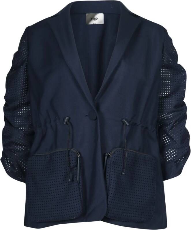 Fendi Vintage Fendi Puff Sleeve Drawstring Jacket in Navy Blue Cotton Blauw Dames