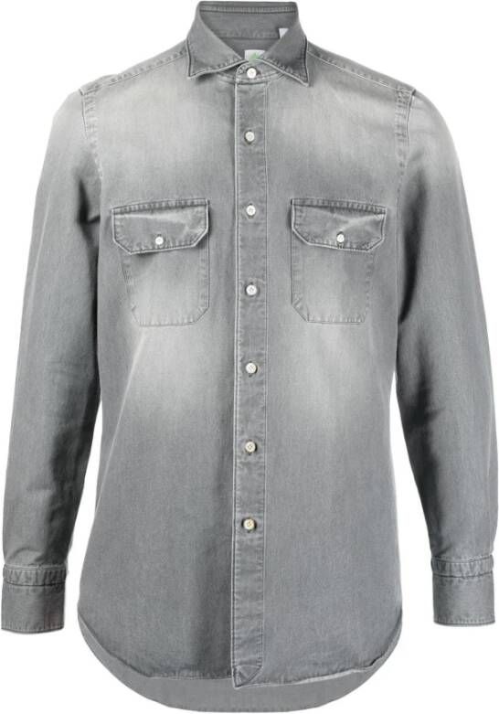 Finamore Grijze Denim Spread-Kraag Shirt Gray Heren