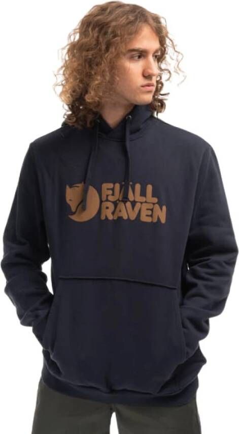 Fjällräven Donkerblauwe Logo Hoodie Pluche Sweatshirt Blue Heren