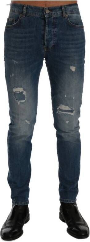 Frankie Morello Blauw Gewassen Gescheurde Dunfermile Slim Fit Jeans Blauw Heren