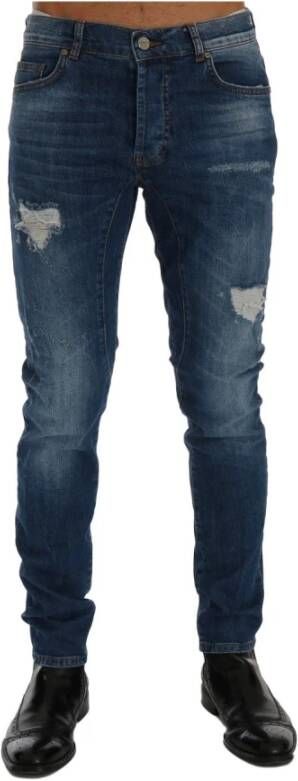 Frankie Morello Blauwe Wash Torn Dundee Slim Fit Jeans Blauw Heren
