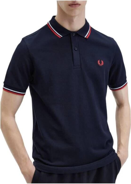 Fred Perry Polo manica corta con collo clico e polsini bordati a contrasto e logo ricamato sul petto uomo Fredperry M3600 Navy Rosso Blauw Heren - Foto 3