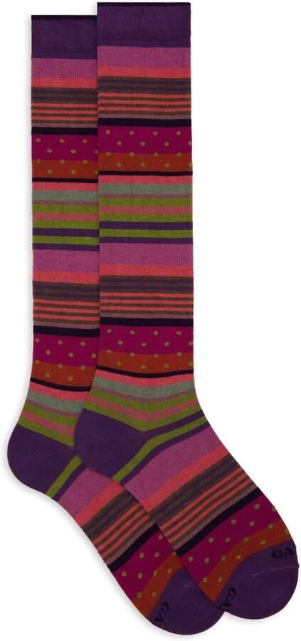 Gallo Lange paarse katoenen sokken voor dames met strepen en stippen Multicolor Dames