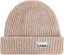 Ganni Roze Geribbelde Gebreide Logo Patch Hoed Beige Dames - Thumbnail 2