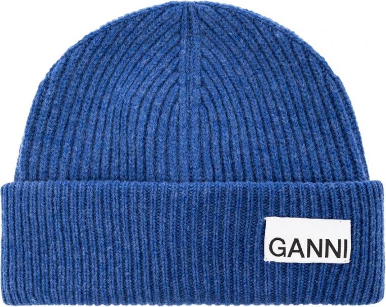 Ganni Beanie met logo Blauw Dames