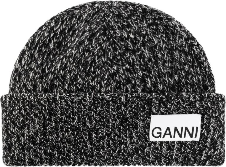 Ganni Bi-Toned Logo Beanie Hat Black Dames