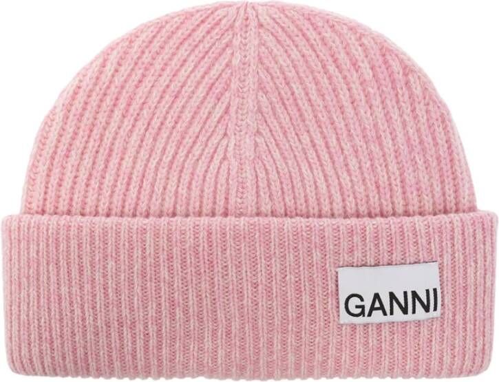 Ganni Beanie met logo Roze Dames