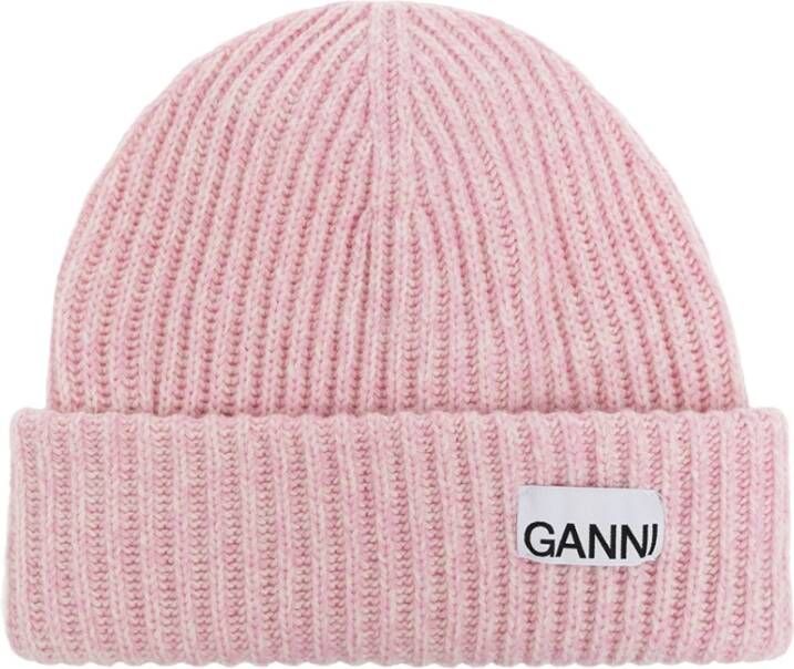 Ganni Beanie met logo Roze Dames