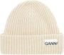 Ganni Roze Geribbelde Gebreide Logo Patch Hoed Beige Dames - Thumbnail 1