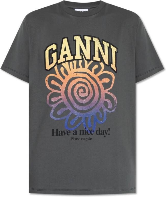 Ganni Grijze Print Katoenen T-shirt Gray Dames