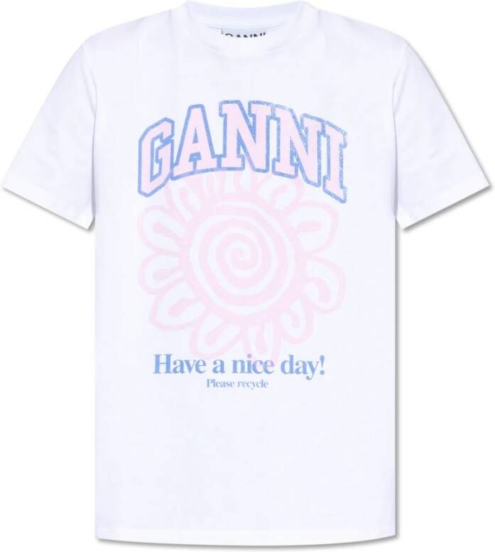 Ganni Relaxed Flower T-shirt Wit Biologisch Katoen White Dames