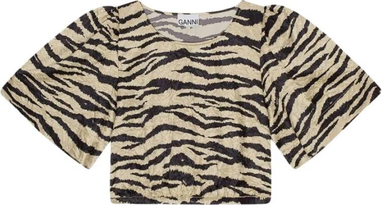 Ganni Zebra Print Gekreukeld Crop T-Shirt Beige Dames
