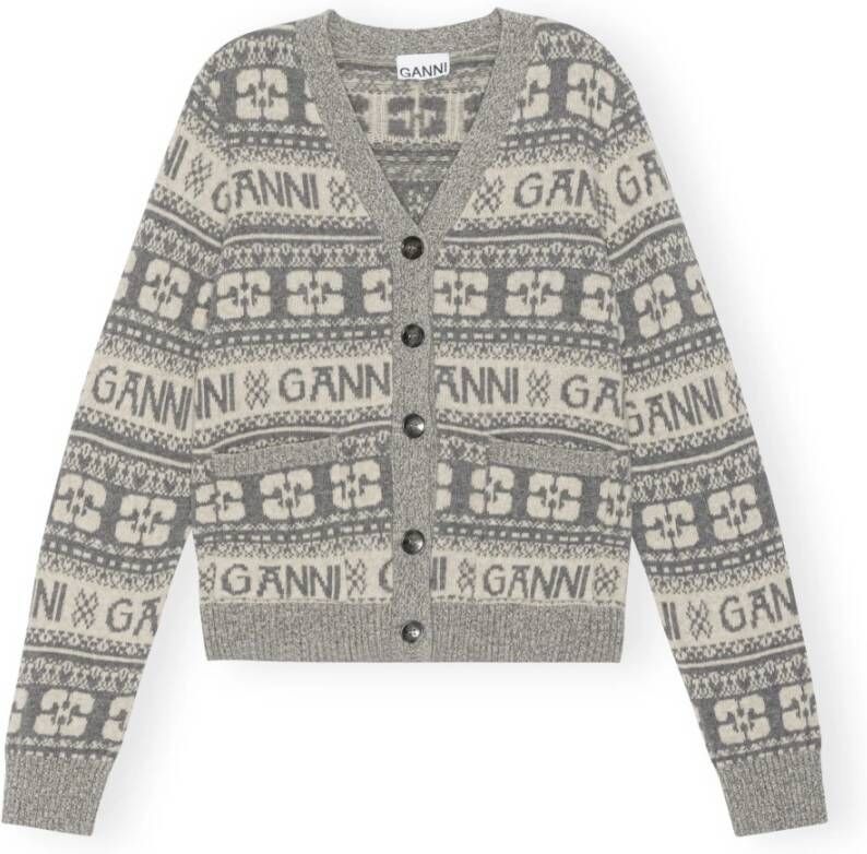 Ganni Grijze Logo Intarsia-gebreide V-hals Cardigan Grijs Dames