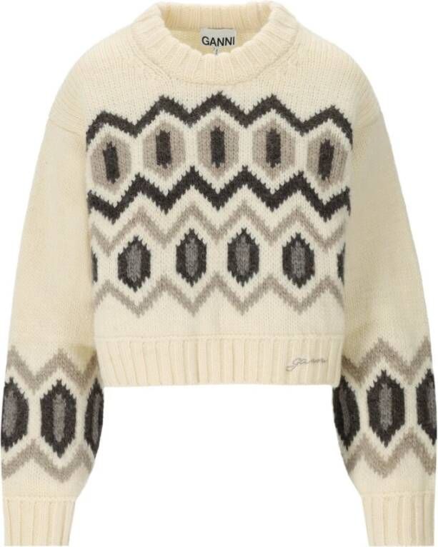 Ganni Chunky Graphic Wool Cropped O-Neck Sweater Beige Dames