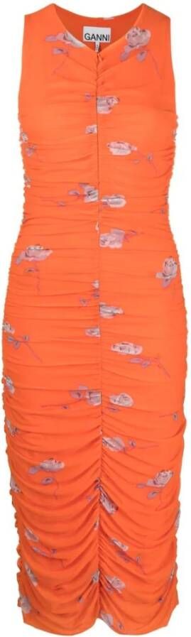 Ganni Gedrukte Midi Jurk met Bloemenprint Oranje Dames