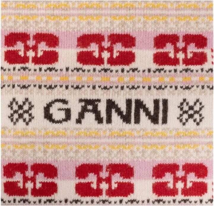 Ganni MultiColour Logo-Intarsia Gebreide Sjaal Pink Dames