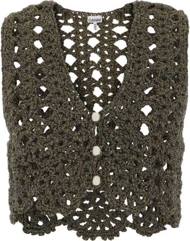 Ganni Metallic Crochet V-Hals Top Brown Dames