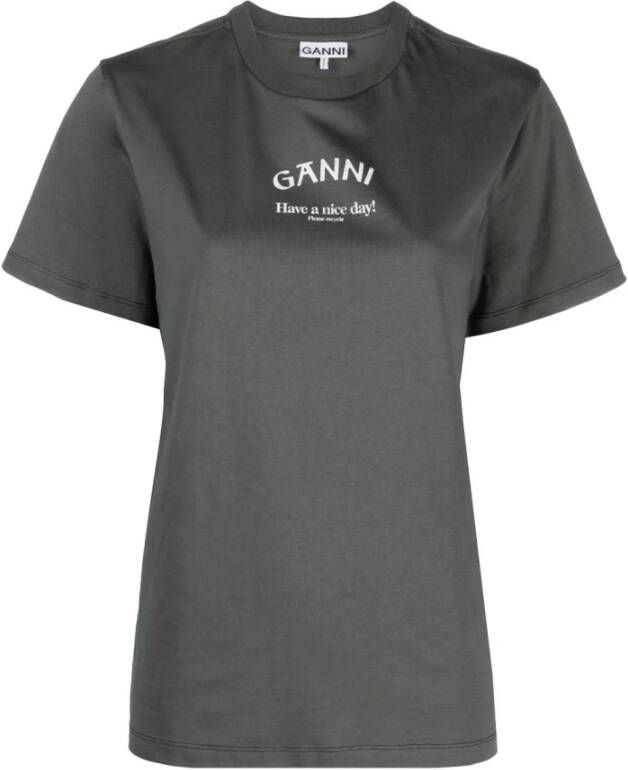 Ganni Grijze Logo-Print Katoenen T-Shirt Grijs Dames