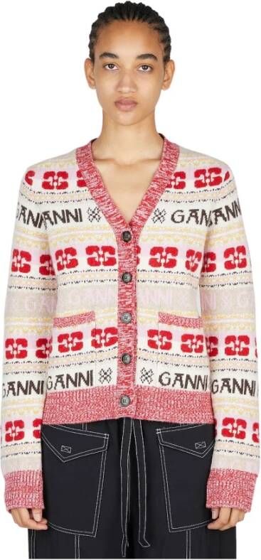 Ganni Intarsia-Gebreide Logo Cardigan in MultiColour Meerkleurig Dames