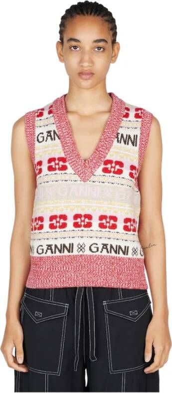 Ganni Intarsia Logo Sweater Vest Rood Dames