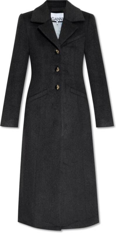 Ganni Wollen Aansluitende Jas Phantom Black Dames