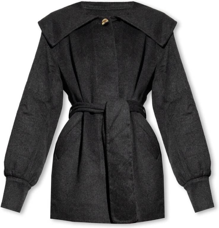 Ganni Wollen Grote Kraag Riem Jas Phantom Black Dames