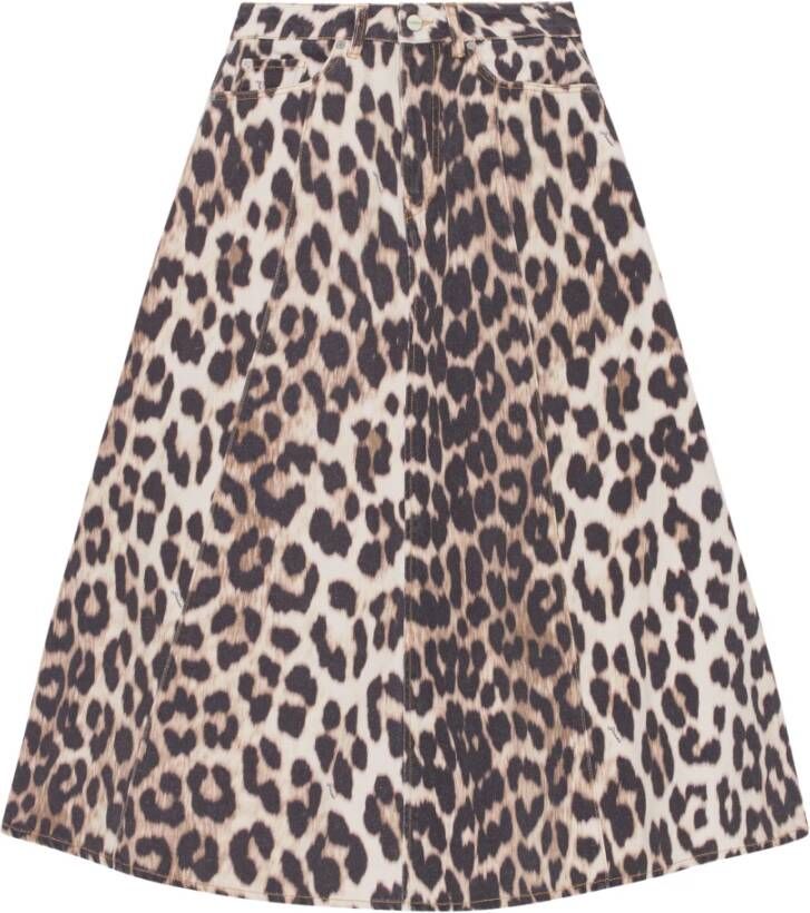 Ganni Leopard Print Denim High Waist Skirt Bruin Dames