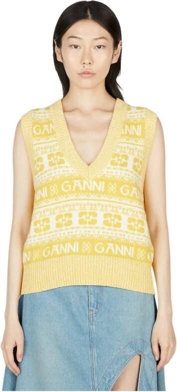 Ganni Logo Sweater Vest Wolmix V-Hals Geribbelde Boorden Geel Dames