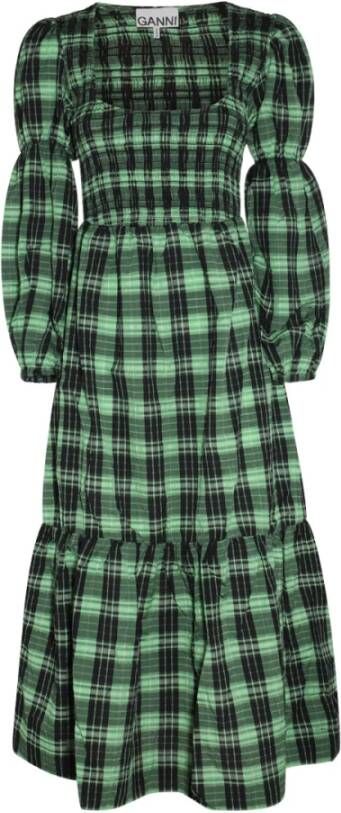 Ganni Jacquard Geruite Smock Jurk met Strikjes Green Dames