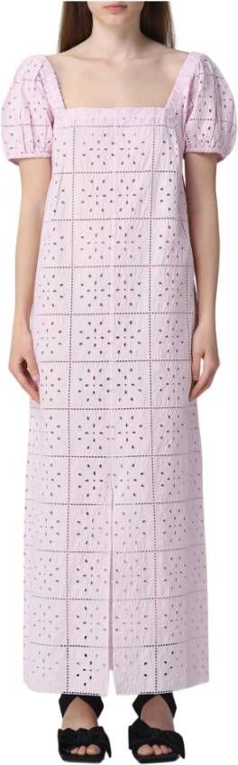Ganni Roze Midi Jurk met Pofmouwen Pink Dames