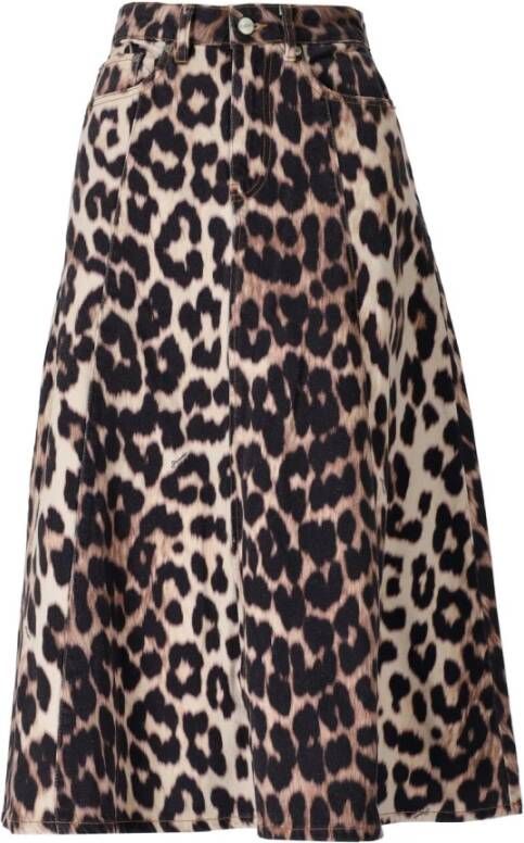 Ganni Leopard Print Denim High Waist Skirt Bruin Dames
