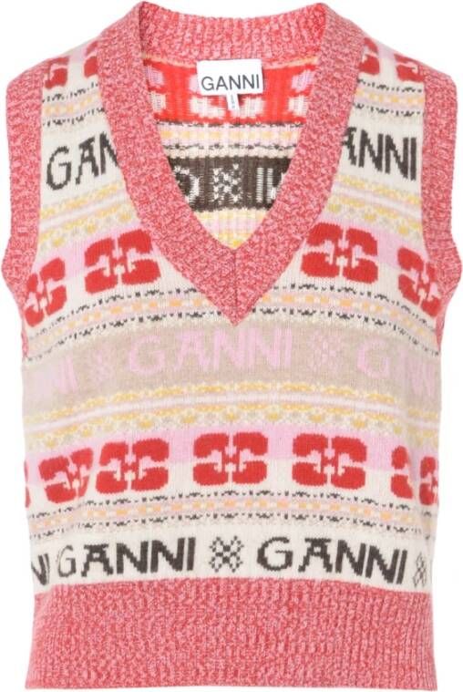 Ganni Multicolor Gebreid Vest met Geribbelde Zoom Rood Dames