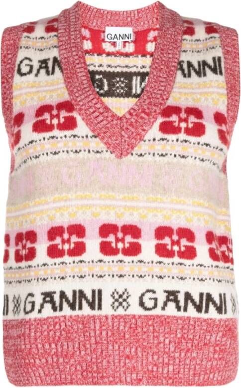 Ganni MultiColour Intarsia-Gebreide Logo Vest Rood Dames