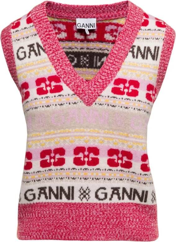 Ganni MultiColour Mouwloze Vest met Jacquard Logo Motief Meerkleurig Dames
