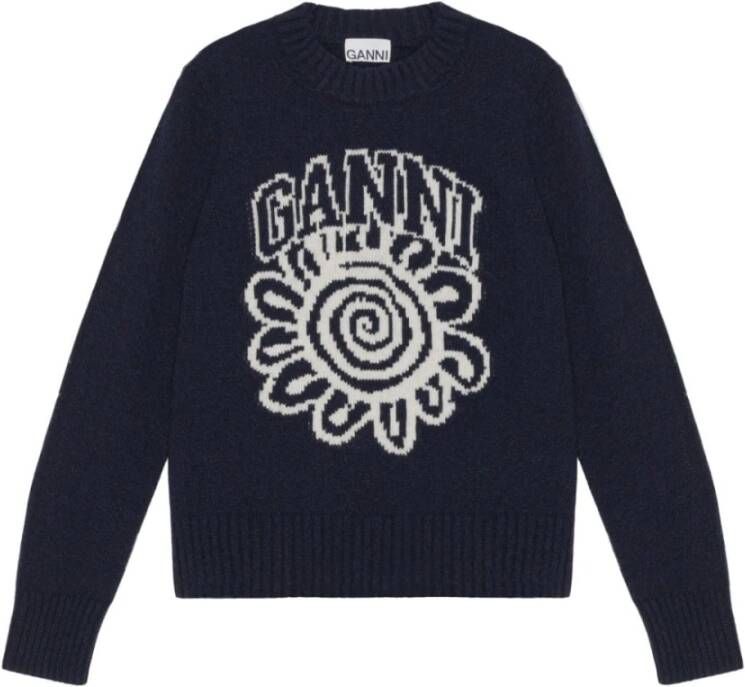 Ganni Navy Blue Logo-Intarsia Sweater Blauw Dames