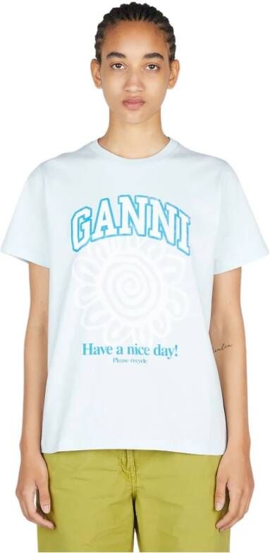 Ganni Lichtblauw Logo-Print Biologisch Katoenen T-Shirt Blauw Dames