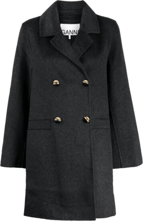 Ganni Phantom Wool Midi Jas Zwart Dames