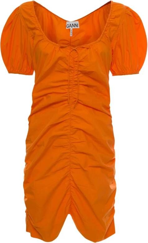 Ganni Oranje Mini Jurk met U-hals en Ballonmouwen Orange Dames